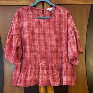 NWT Easel Fuchsia & Light Pink Checked Blouse w/Jewel Neck-Ruffle Sleeves & Hem